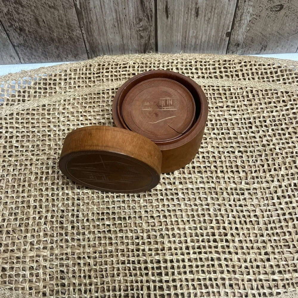 Vintage Coaster Set Asian Landscape Carved Wood Coasters w/ Holder Set of 8